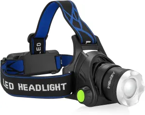 LED Rechargeable Super Bright Headlamp, IPX4 Waterproof for Camping, Outdoors, Running, Hiking, Fishing, etc. 90° Adjustable. USB Cable Included.