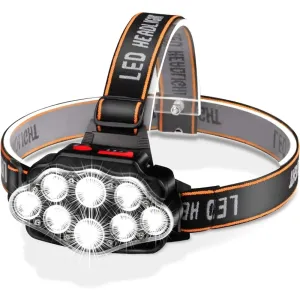 LED USB Rechargeable Headlamp, High Lumen Bright Head Lamp with 8 LEDs, IPX4 Waterproof USB Headlight for Camping and Outdoor Use