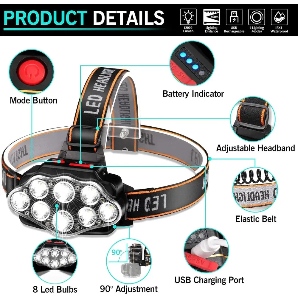 LED USB Rechargeable Headlamp, High Lumen Bright Head Lamp with 8 LEDs, IPX4 Waterproof USB Headlight for Camping and Outdoor Use
