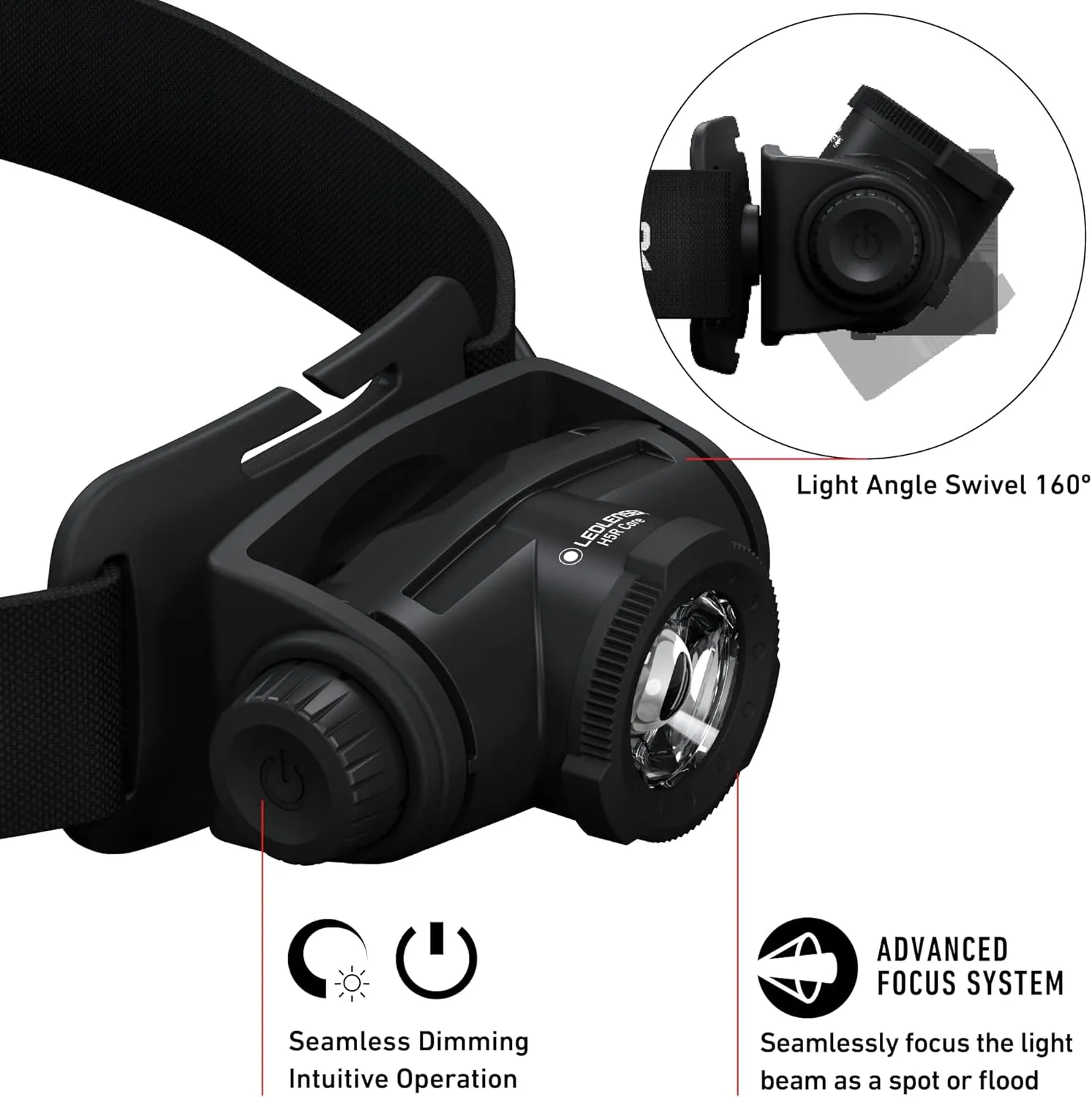 Ledlenser, H5R Core Rechargeable Headlamp, 500 lumens, Advanced Focus System, Constant Light Output, Dimmable, Magnetic Charge System, Dustproof, Waterproof, Connecting System