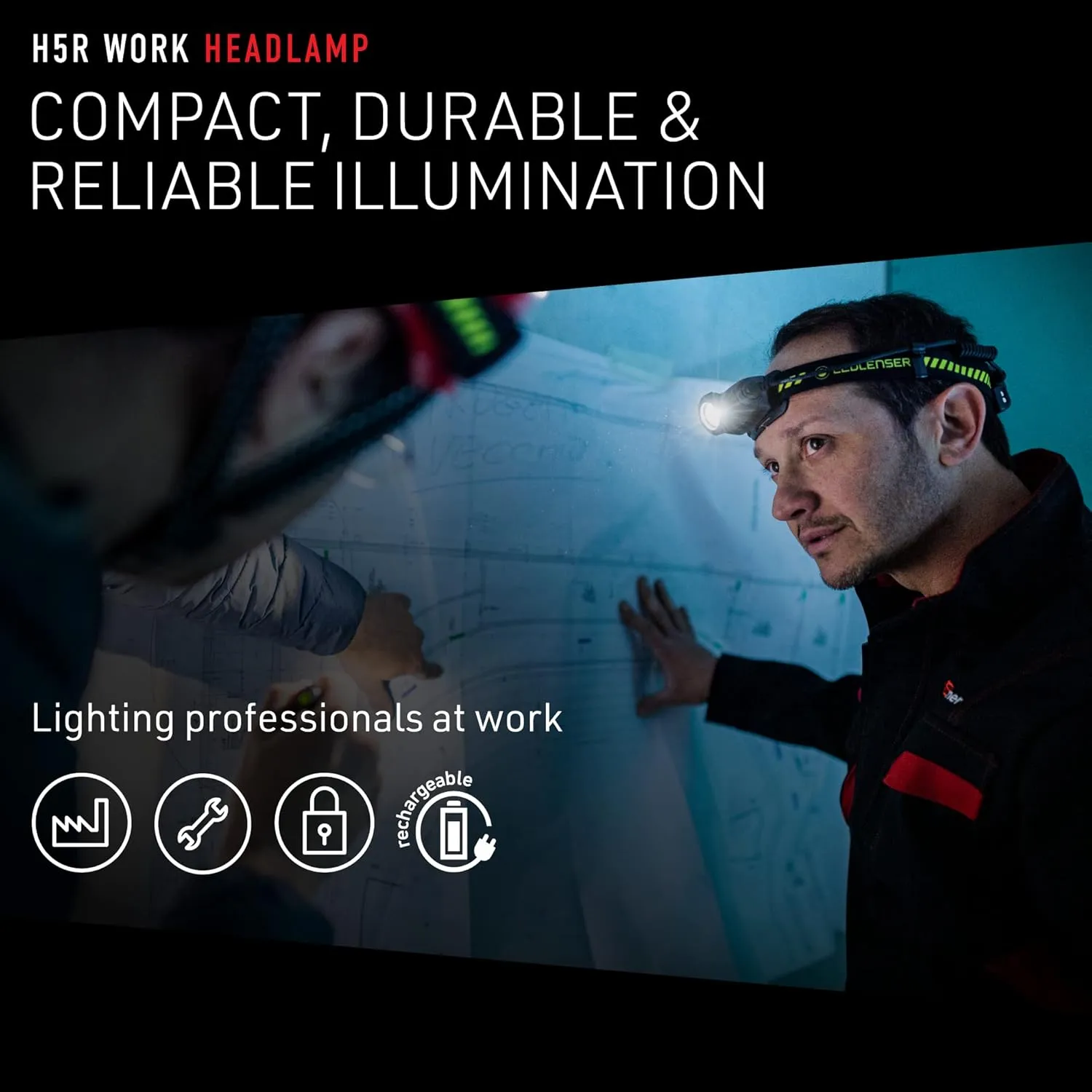 Ledlenser, H5R Work Rechargeable Headlamp, 500 Lumens, Advanced Focus System, Constant Light Output, Dimmable, Magnetic Charge System, Dustproof, Waterproof, Rubber Covers, Protective Lens