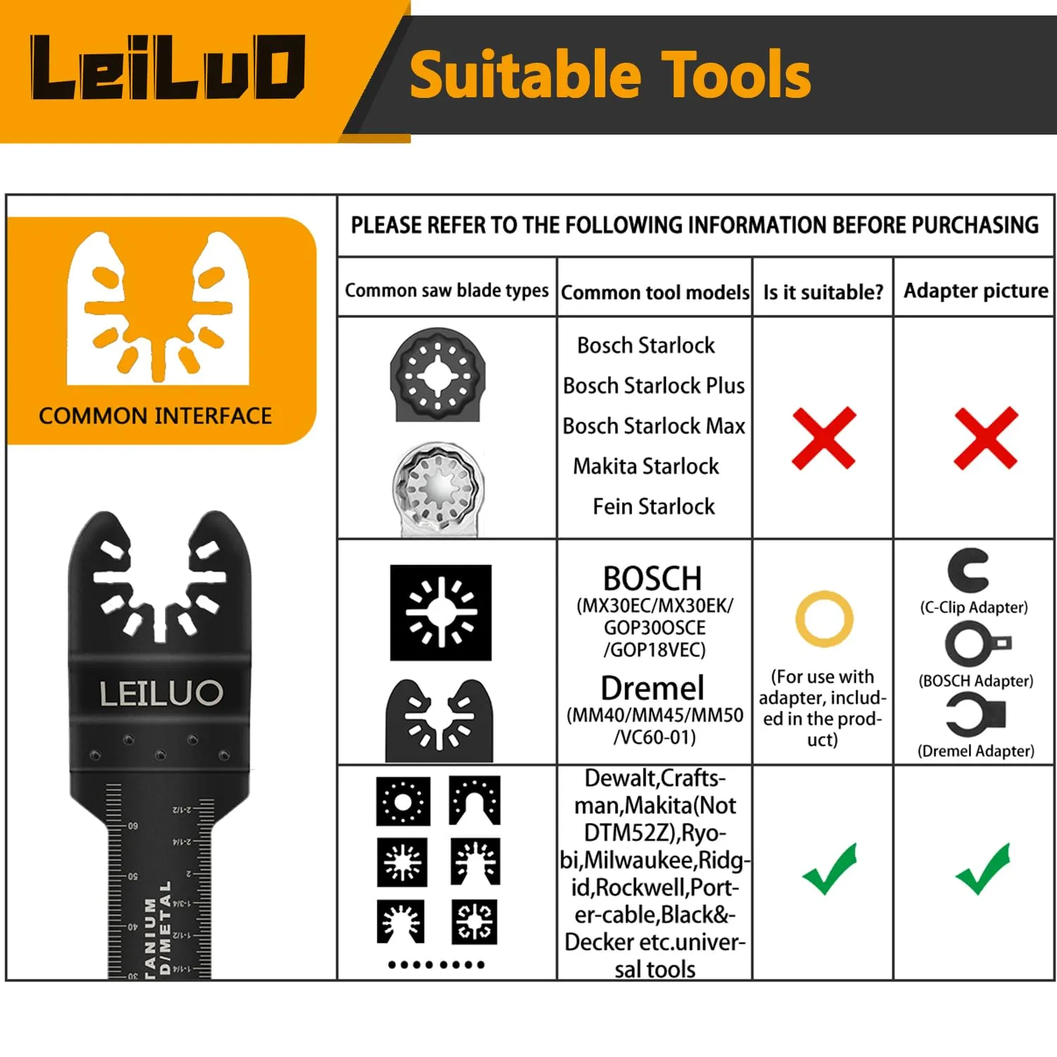 LEILUO 100 Pcs Multitool Blade Kits for Wood Nails Drywall Japanese Tooth Oscillating Saw Blades Titanium Oscillating Tool Accessories with Storage Bag Compatible with DeWalt Makita Dremel and More