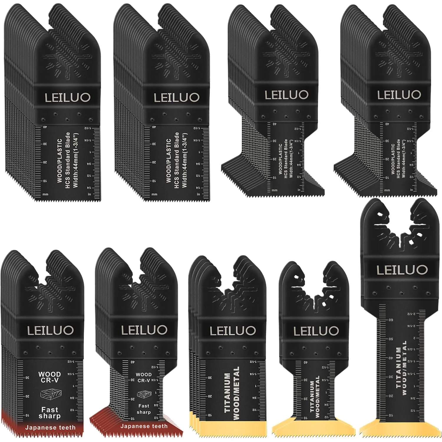 LEILUO 100 Pcs Multitool Blade Kits for Wood Nails Drywall Japanese Tooth Oscillating Saw Blades Titanium Oscillating Tool Accessories with Storage Bag Compatible with DeWalt Makita Dremel and More