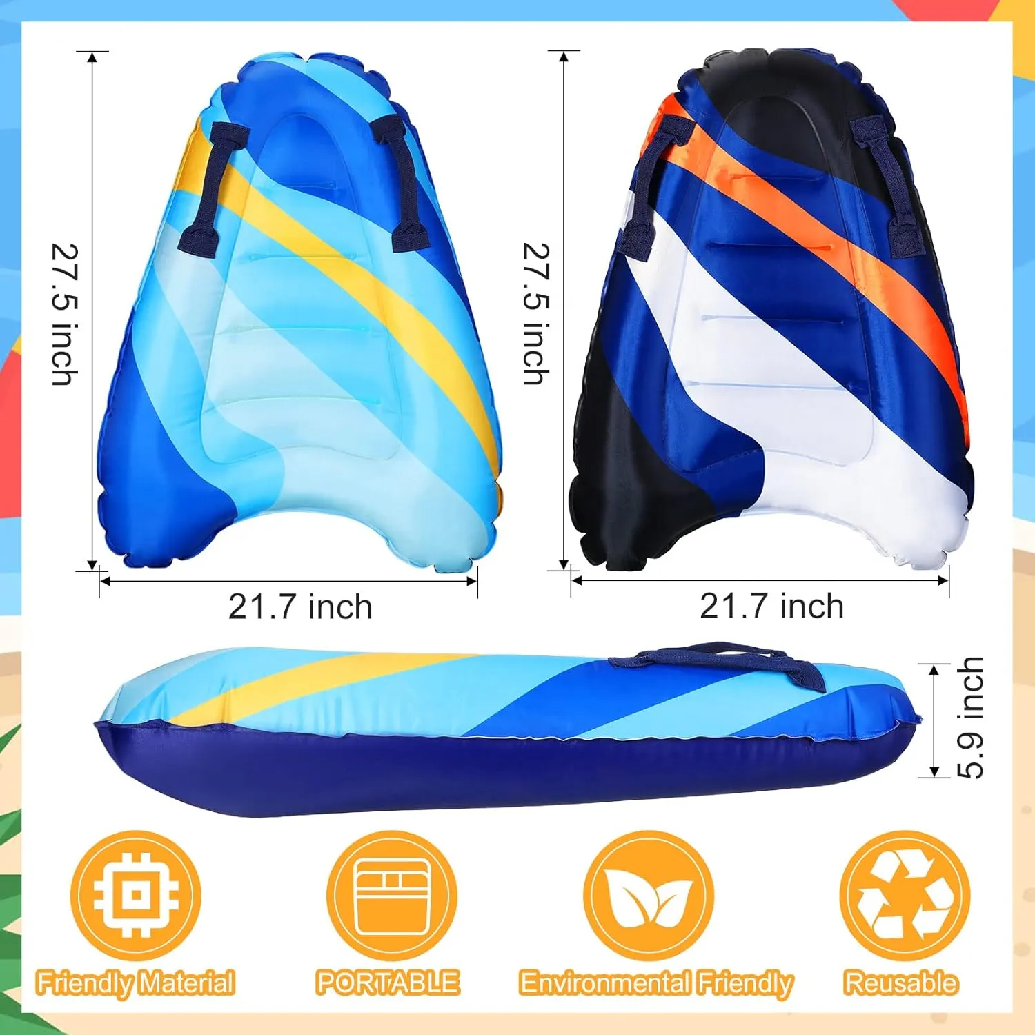 Leitee 2Pcs Inflatable Surf Body Board with Handles, Inflatable Surfboard for Beach Lightweight Swim Floating Surfboard for Kids Learning Surfing, 27.5"x21.7"x5.9"