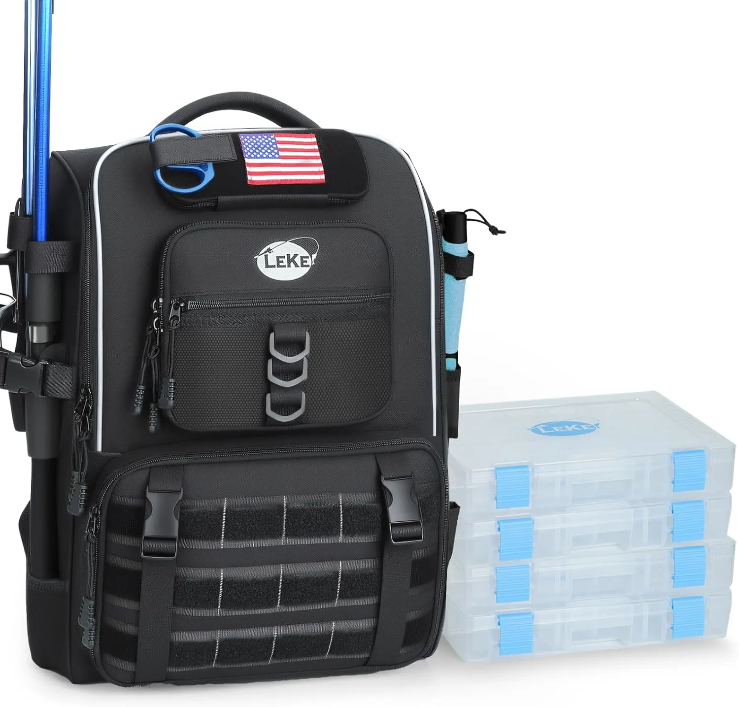 Lekesky Fishing Backpack with Rod Holder, Fishing Bag with 4 * 3600 Tackle Boxes, Multi-Pocket Design, 40L Splash-Resistant Tackle Bag, Storage Fish Gear, Gifts for Men