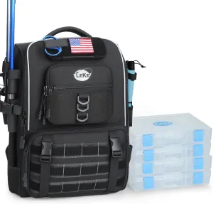 Lekesky Fishing Backpack with Rod Holder, Fishing Bag with 4 * 3600 Tackle Boxes, Multi-Pocket Design, 40L Splash-Resistant Tackle Bag, Storage Fish Gear, Gifts for Men