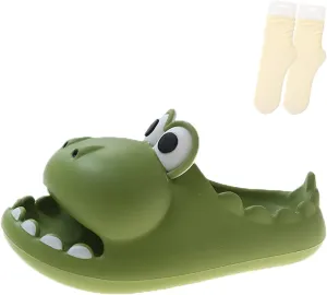 LELEBEAR Dinosaur Slippers for Women Man, Eva Novelty Open Toe Slides, Casual Beach Shoes Spa Sandals Indoor Outdoor with Beige Socks