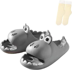 LELEBEAR Dinosaur Slippers for Women Man, Eva Novelty Open Toe Slides, Casual Beach Shoes Spa Sandals Indoor Outdoor with Beige Socks