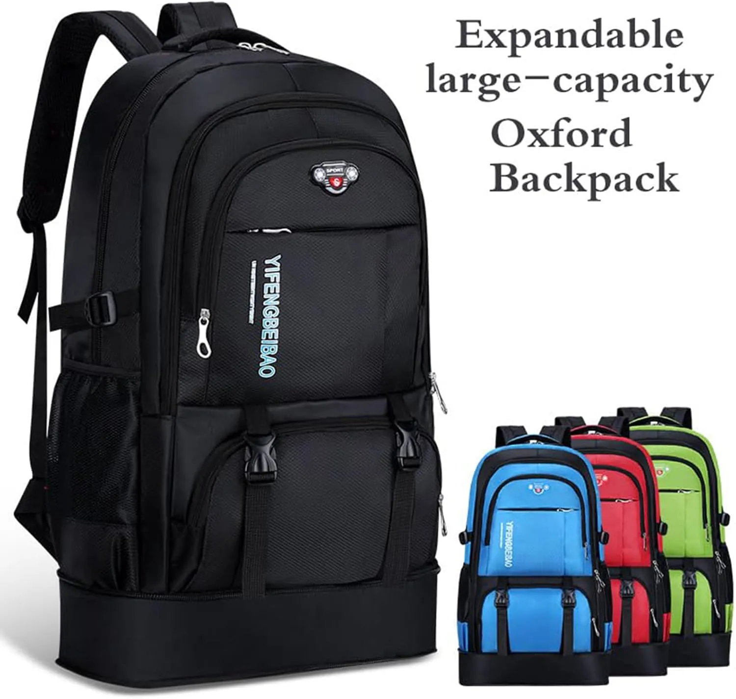 LELEBEAR Expandable Multifunctional Large-Capacity Oxford Backpack, Travel Backpack For Mountaineering, Waterproof Hiking Backpack (Black)