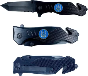 LEO Challenge Coins Ukraine Armed Forces Ukrainian Army Navy Air Force Military collectible 3-in-1 Police Tactical Rescue Knife with Seatbelt Cutter, Steel Serrated Blade, Glass Breaker, black