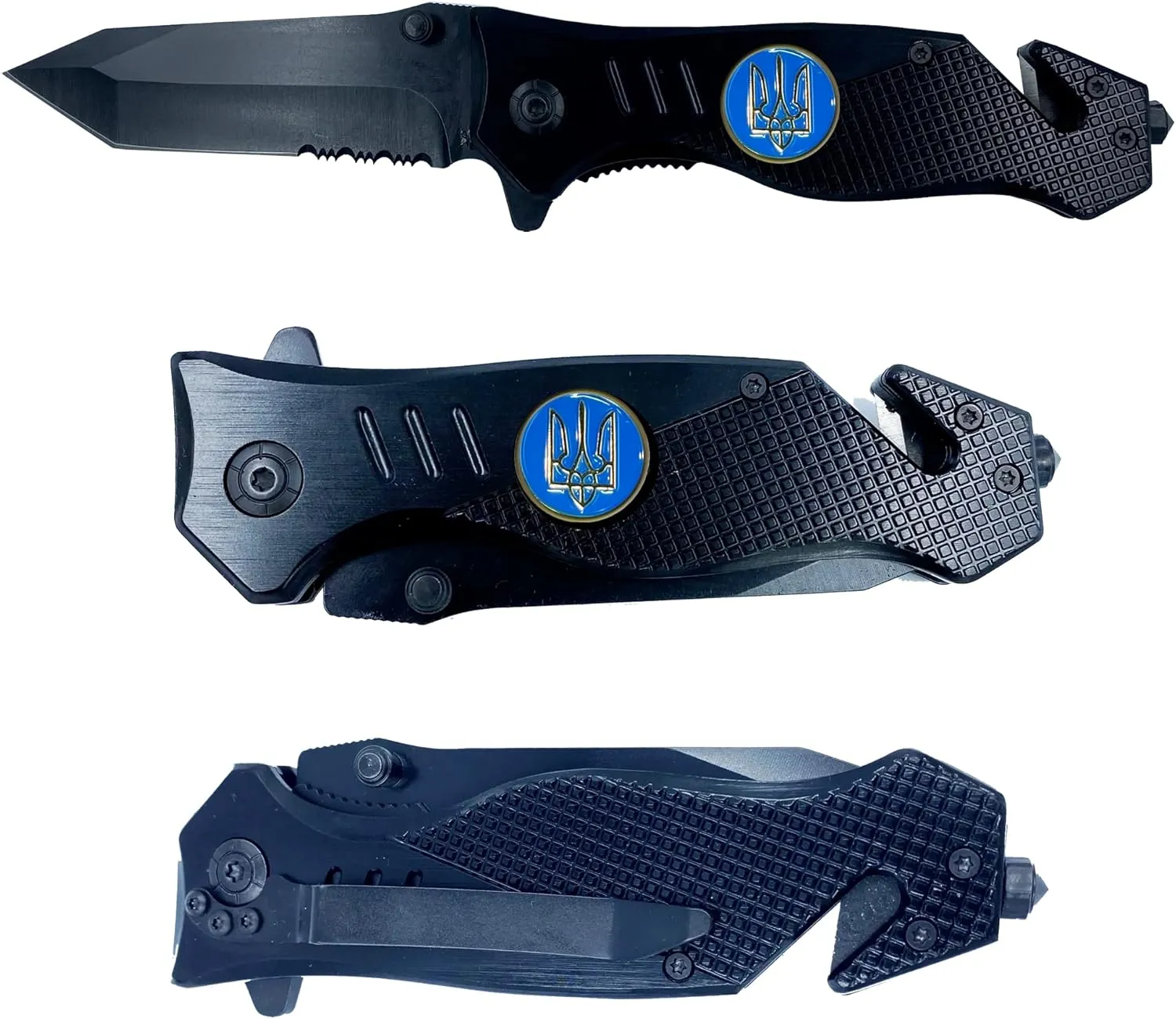 LEO Challenge Coins Ukraine Armed Forces Ukrainian Army Navy Air Force Military collectible 3-in-1 Police Tactical Rescue Knife with Seatbelt Cutter, Steel Serrated Blade, Glass Breaker, black
