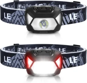 Lepro 320015 Battery Powered Headlamp - 1300Lux Super Bright LED Head Lamp with Red Light, IPX4 Waterproof Headlights for Outdoor Camping, Hiking, Hunting, Power Outages, Emergency, Hurricane, 2 Pack
