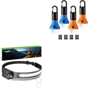 Lepro Bundle - 4 Packs Hanging Tent Light Bulbs with Clip Hook for Camping & 230°COB Wide Beam & Adjustable Spotlight, Waterproof Headlamp