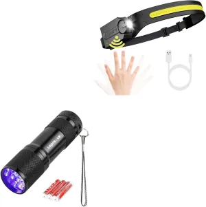 Lepro Bundle - Black Light Flashlight, Small UV Lights 395nm, Portable Ultraviolet Light Detector & PR320019 Super Bright Head lamp with Motion Sensor, 230° Wide Beam & Adjustable