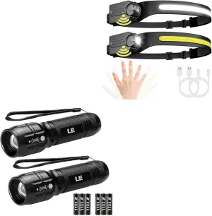 Lepro Bundle - LED Flashlights High Lumens, Zoomable, Waterproof, Adjustable Brightness Flash Light 2 Pack & PR320019-2 Super Bright Head lamp with Motion Sensor, 230° Wide Beam & Adjustable