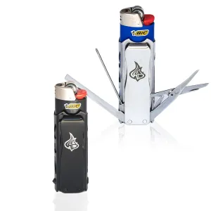 LighterBro Pro Lighter Sleeve - Multi-Tool - 420 Stainless Steel - Easily Fits Your Favorite Lighters - Includes Mini Pocket Knife, Ruler, Scissors, Screwdriver, Poker, Key Ring & More (Silver/Black)