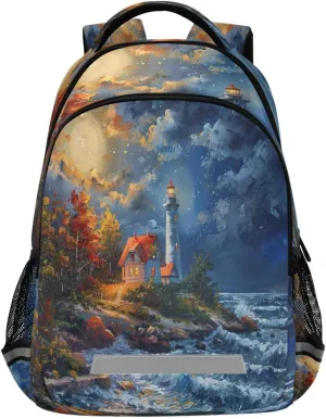 Lighthouse Oil Painting Design Waterproof Backpack - Casual Outdoor Sports Daypack with Ergonomic Shoulder Straps#879