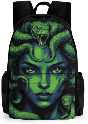 Lightweight Backpack for Gym Travel Bicycle - Big Capacity Multipurpose Anti-Theft Carry On Bag, Greek Goddess Snake Queen Medusa Green Art Travel Hiking Bag & Day Pack