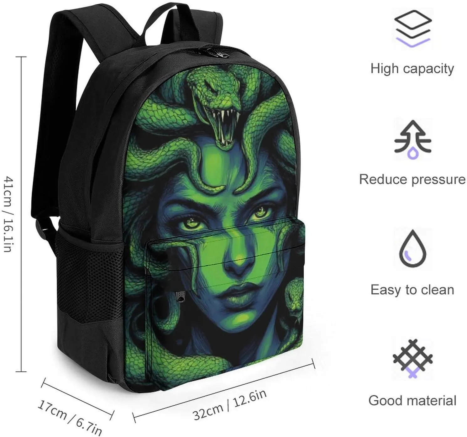 Lightweight Backpack for Gym Travel Bicycle - Big Capacity Multipurpose Anti-Theft Carry On Bag, Greek Goddess Snake Queen Medusa Green Art Travel Hiking Bag & Day Pack