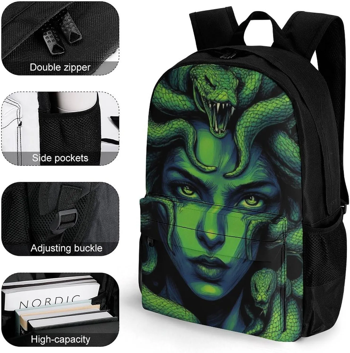 Lightweight Backpack for Gym Travel Bicycle - Big Capacity Multipurpose Anti-Theft Carry On Bag, Greek Goddess Snake Queen Medusa Green Art Travel Hiking Bag & Day Pack