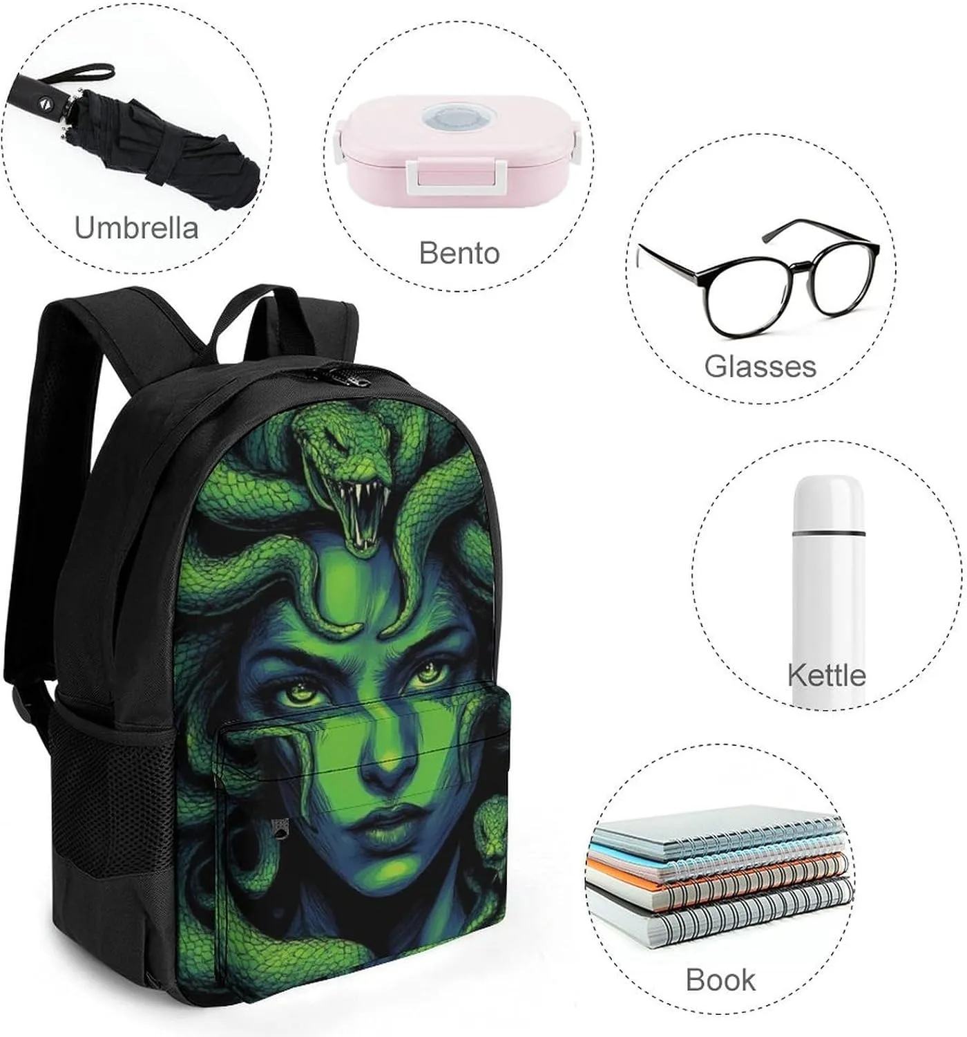 Lightweight Backpack for Gym Travel Bicycle - Big Capacity Multipurpose Anti-Theft Carry On Bag, Greek Goddess Snake Queen Medusa Green Art Travel Hiking Bag & Day Pack