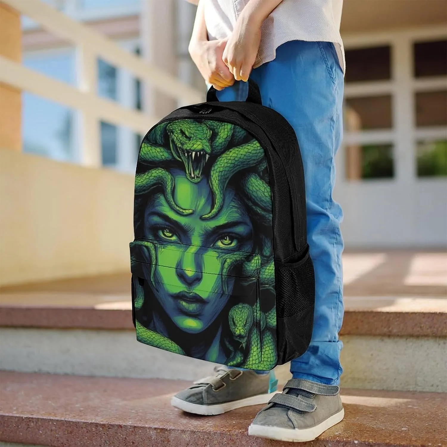 Lightweight Backpack for Gym Travel Bicycle - Big Capacity Multipurpose Anti-Theft Carry On Bag, Greek Goddess Snake Queen Medusa Green Art Travel Hiking Bag & Day Pack