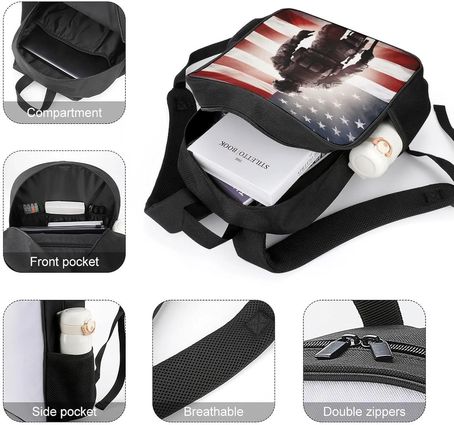 Lightweight Backpacks Cute Travel Bag Durable American Soldier Printing Small Travel Backpack For Women & Men