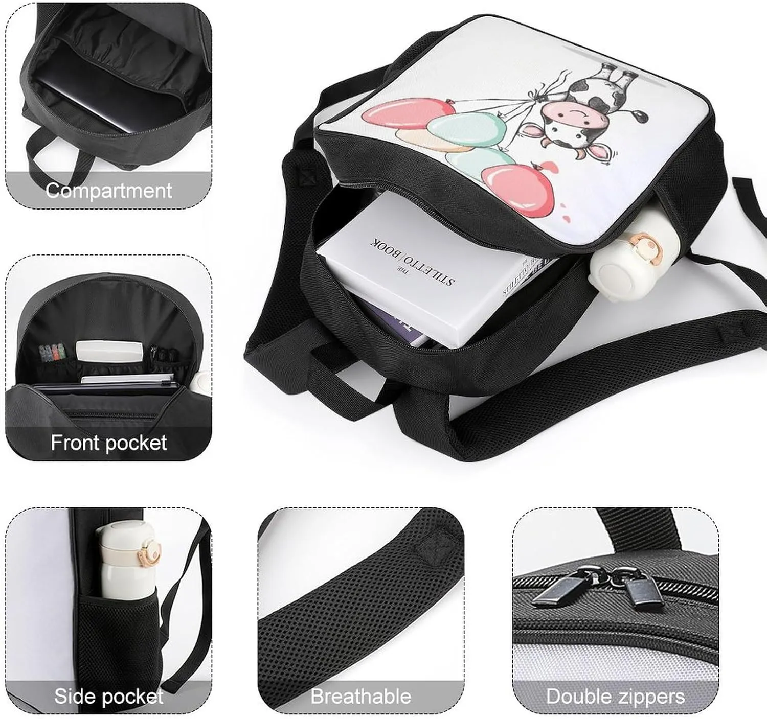 Lightweight Backpacks Cute Travel Bag Durable Balloon And Cow Printing Small Travel Backpack For Women & Men