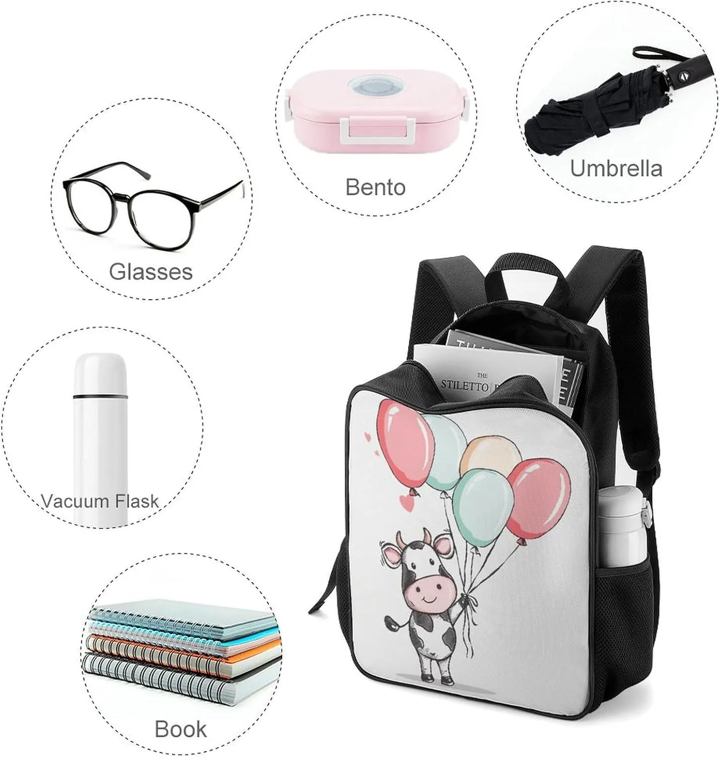Lightweight Backpacks Cute Travel Bag Durable Balloon And Cow Printing Small Travel Backpack For Women & Men