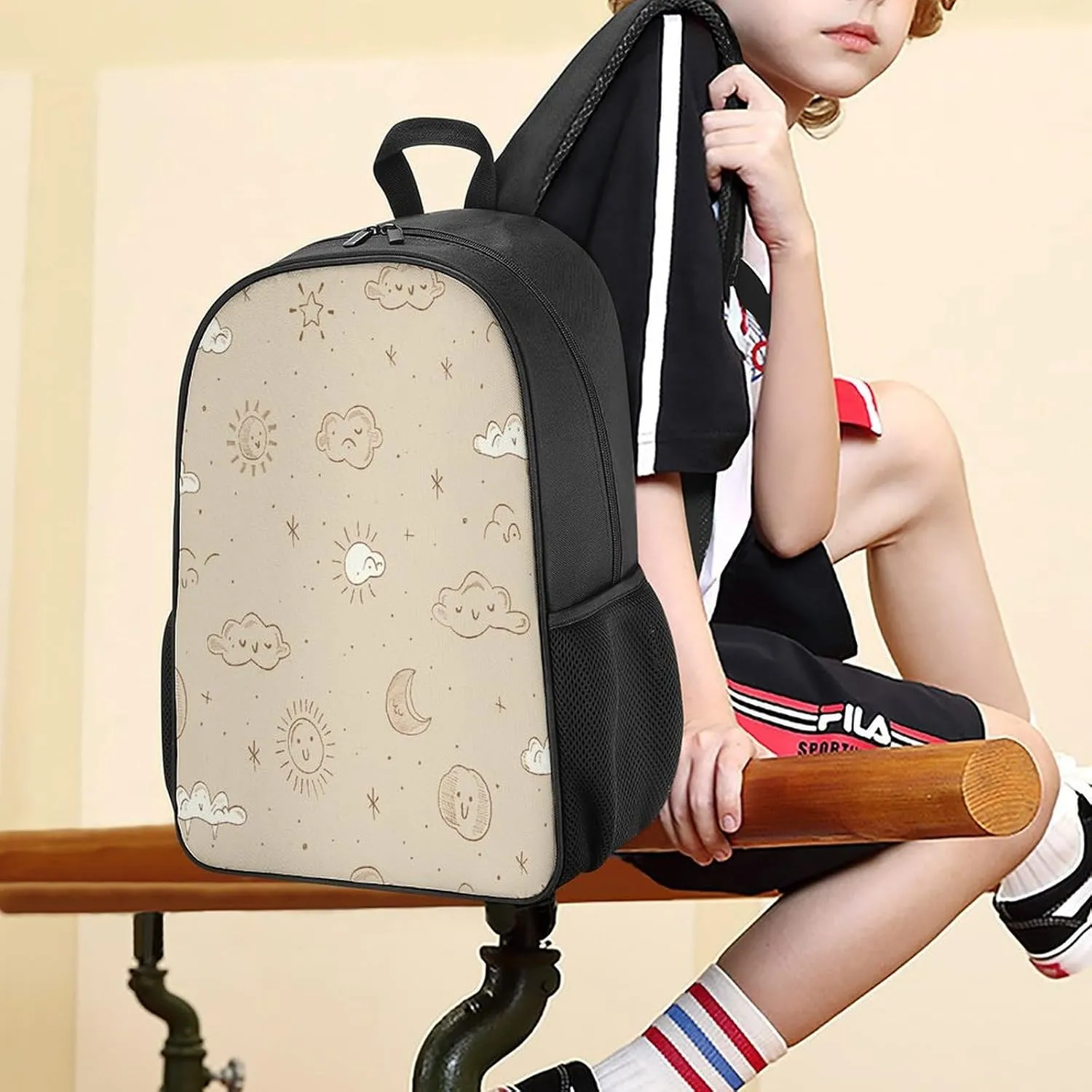Lightweight Backpacks Cute Travel Bag Durable Beige Simple Doodle Printing Small Travel Backpack For Women & Men