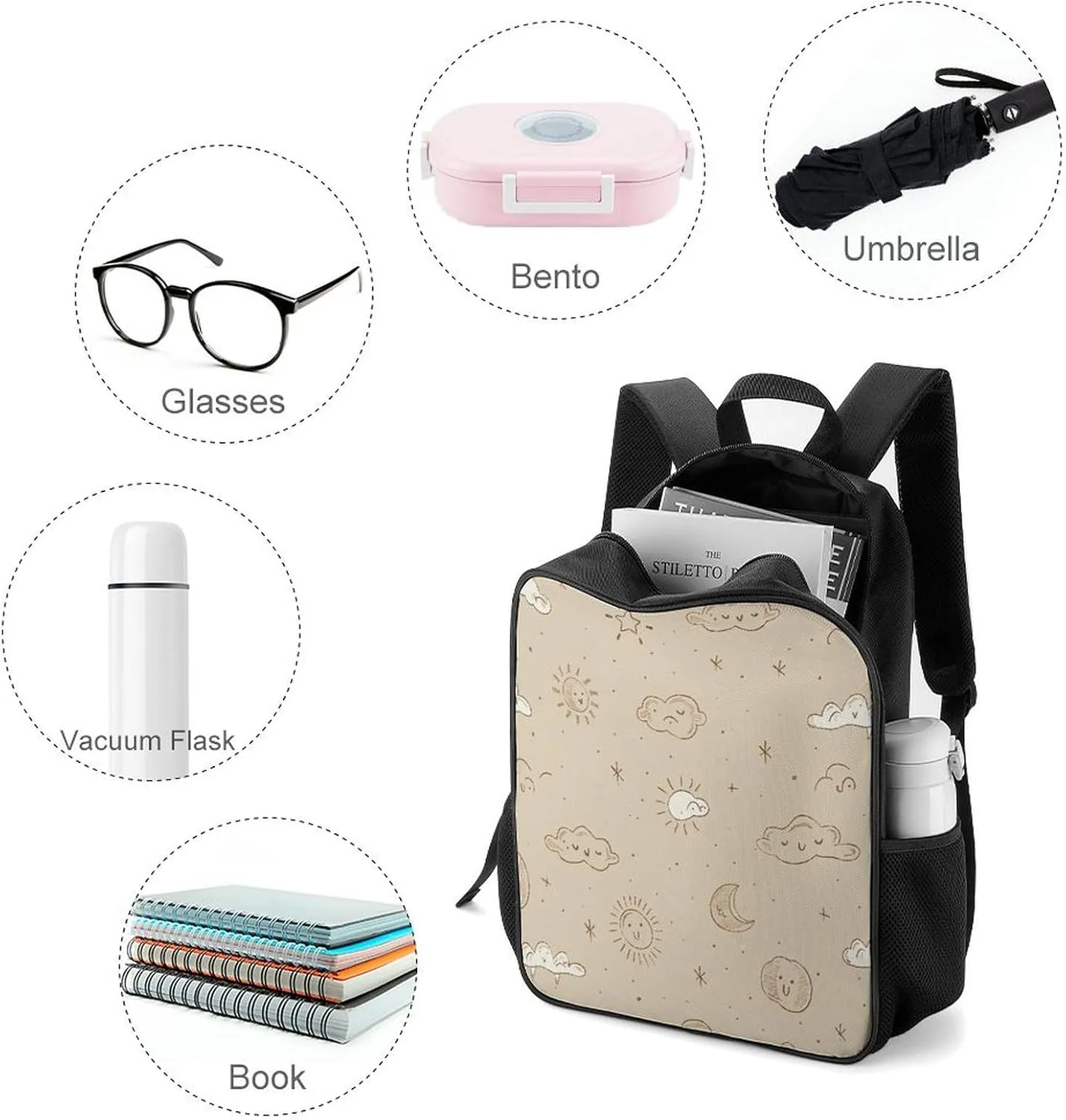 Lightweight Backpacks Cute Travel Bag Durable Beige Simple Doodle Printing Small Travel Backpack For Women & Men