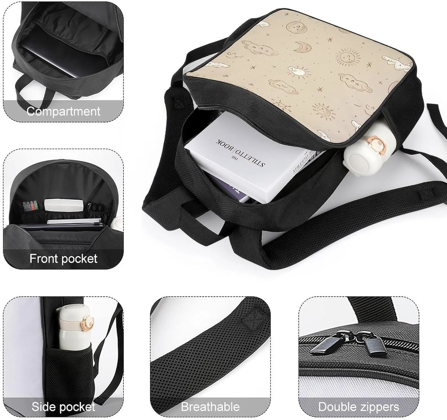 Lightweight Backpacks Cute Travel Bag Durable Beige Simple Doodle Printing Small Travel Backpack For Women & Men
