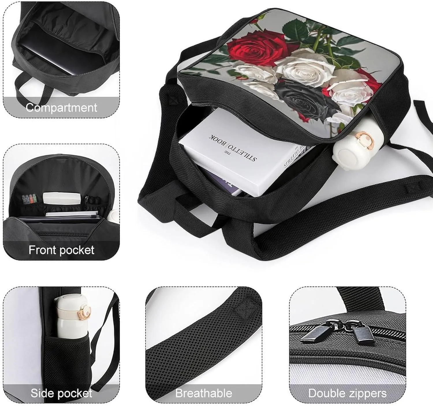 Lightweight Backpacks Cute Travel Bag Durable Black White And Red Roses Printing Small Travel Backpack For Women & Men