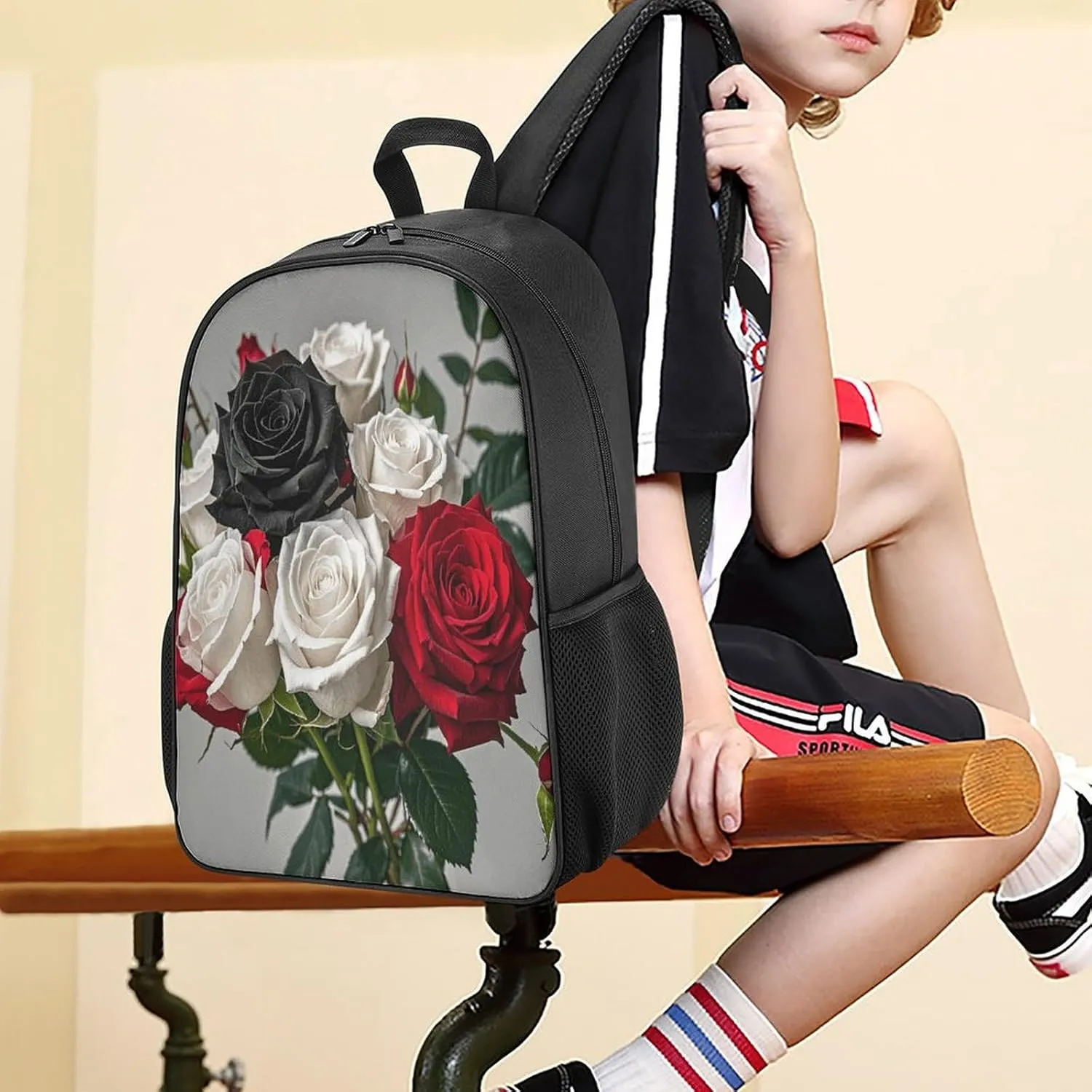 Lightweight Backpacks Cute Travel Bag Durable Black White And Red Roses Printing Small Travel Backpack For Women & Men