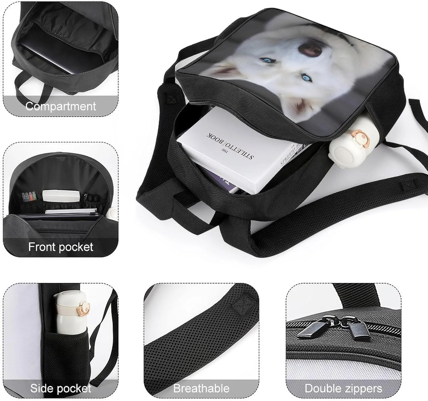Lightweight Backpacks Cute Travel Bag Durable Blue Eyed White Husky Printing Small Travel Backpack For Women & Men
