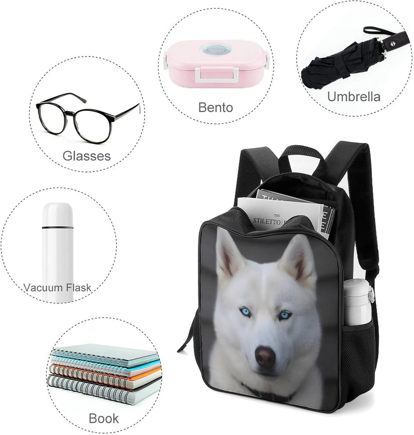 Lightweight Backpacks Cute Travel Bag Durable Blue Eyed White Husky Printing Small Travel Backpack For Women & Men