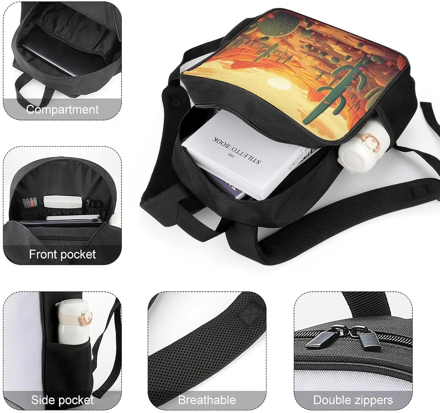 Lightweight Backpacks Cute Travel Bag Durable Cactus at Sunset Printing Small Travel Backpack For Women & Men