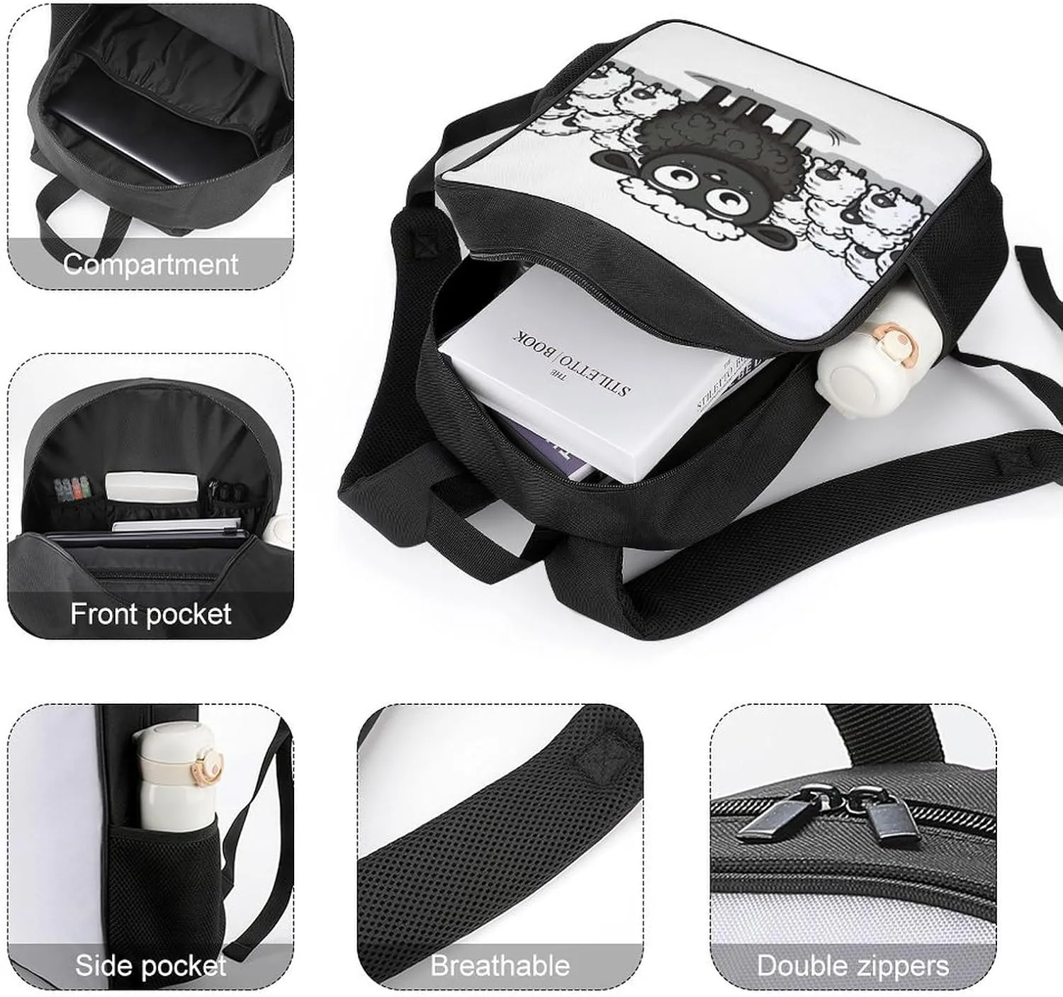 Lightweight Backpacks Cute Travel Bag Durable Cartoon Black White Sheep Printing Small Travel Backpack For Women & Men