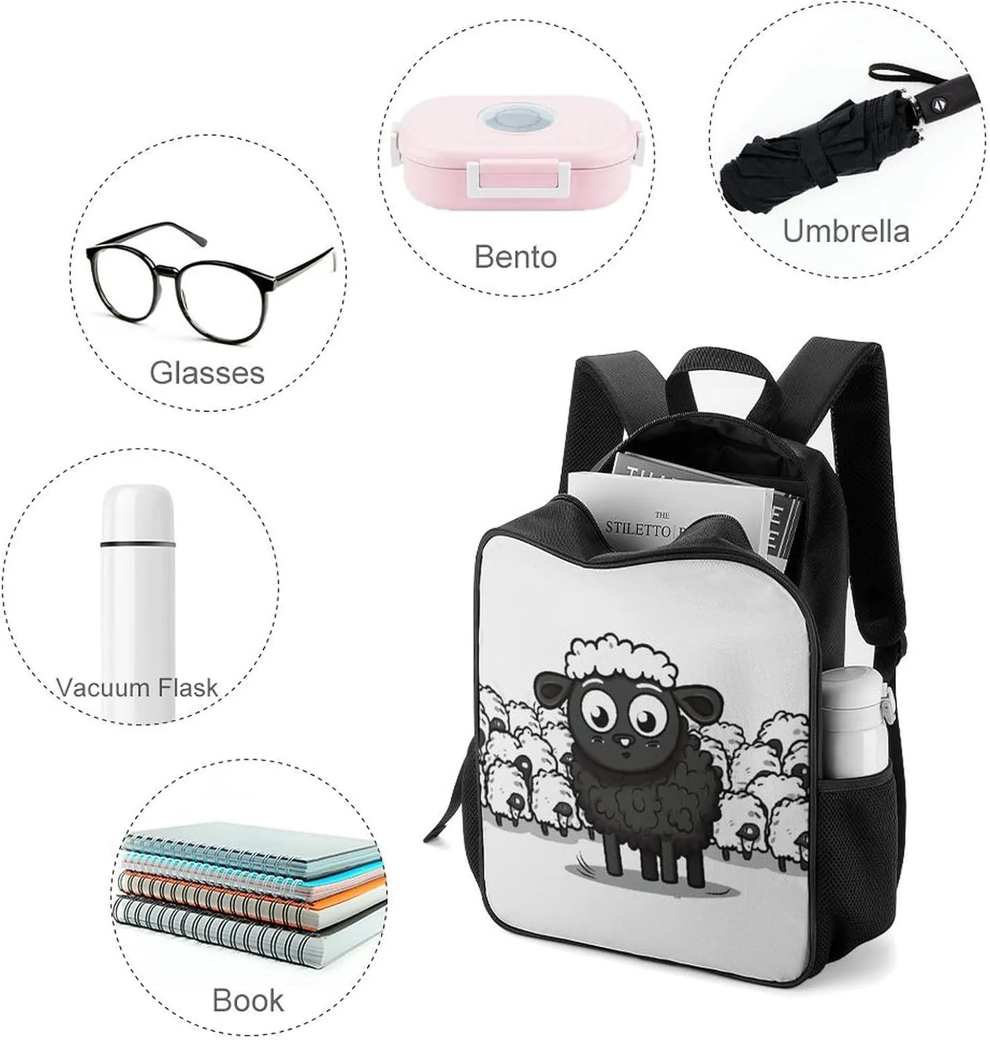 Lightweight Backpacks Cute Travel Bag Durable Cartoon Black White Sheep Printing Small Travel Backpack For Women & Men
