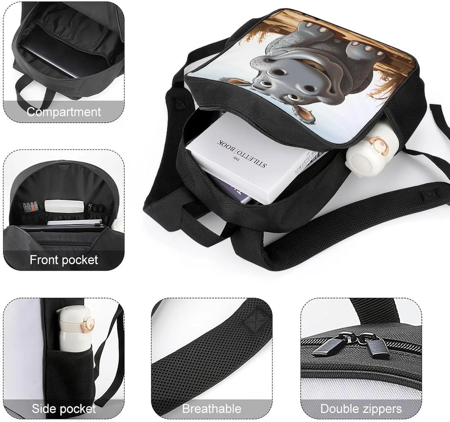 Lightweight Backpacks Cute Travel Bag Durable Cartoon Hippo Printing Small Travel Backpack For Women & Men