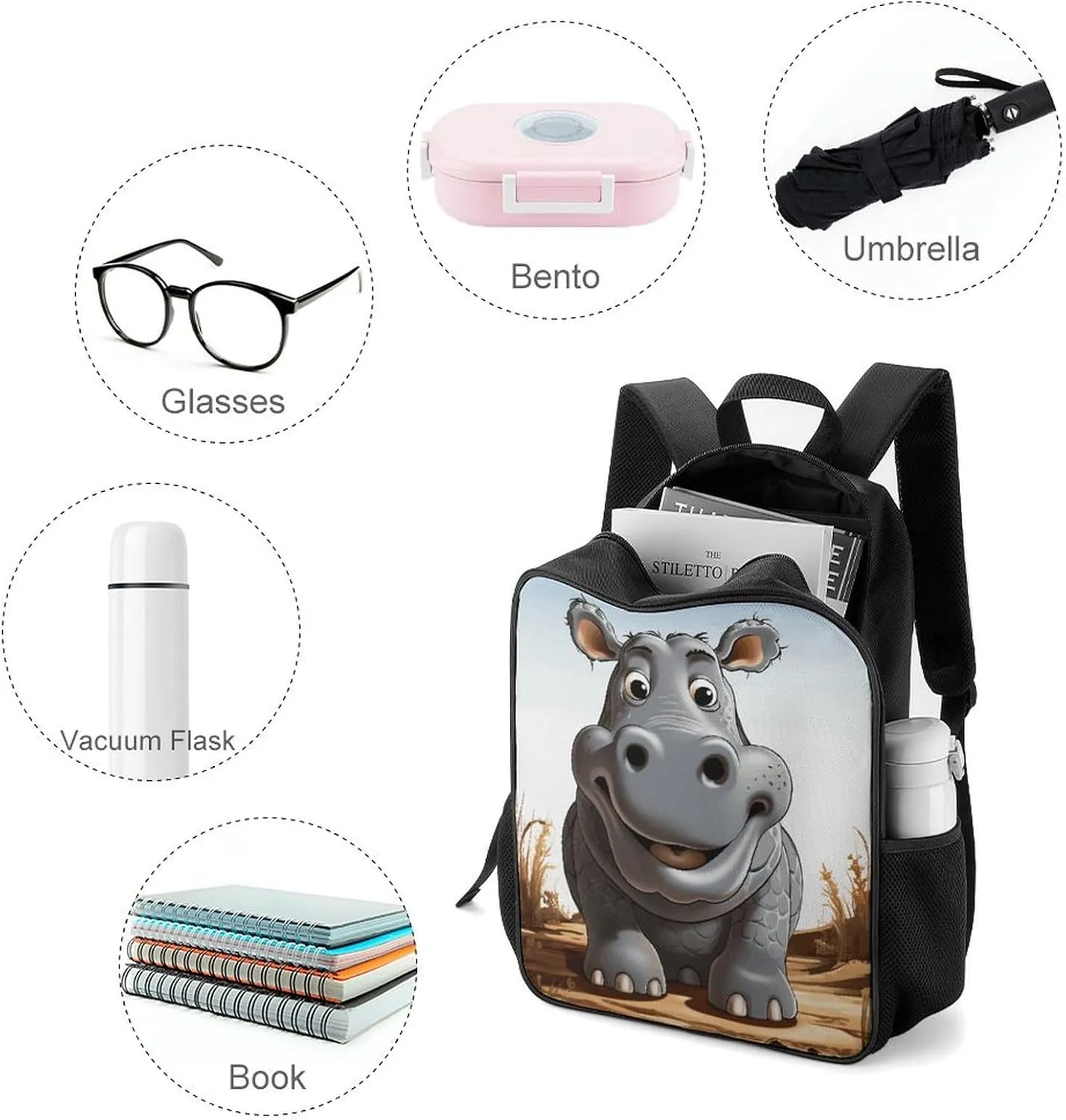 Lightweight Backpacks Cute Travel Bag Durable Cartoon Hippo Printing Small Travel Backpack For Women & Men