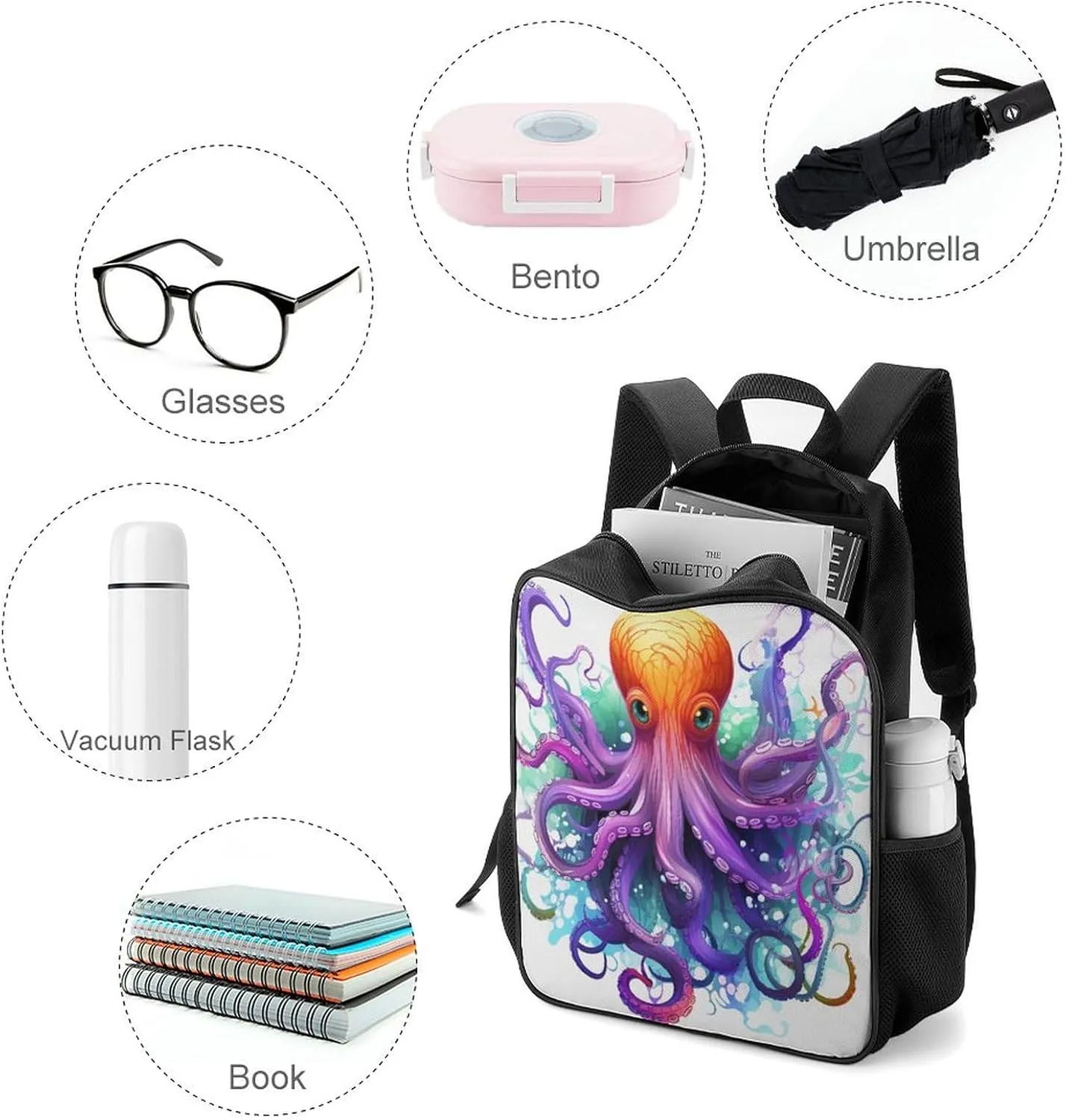 Lightweight Backpacks Cute Travel Bag Durable Colorful Octopus Printing Small Travel Backpack For Women & Men