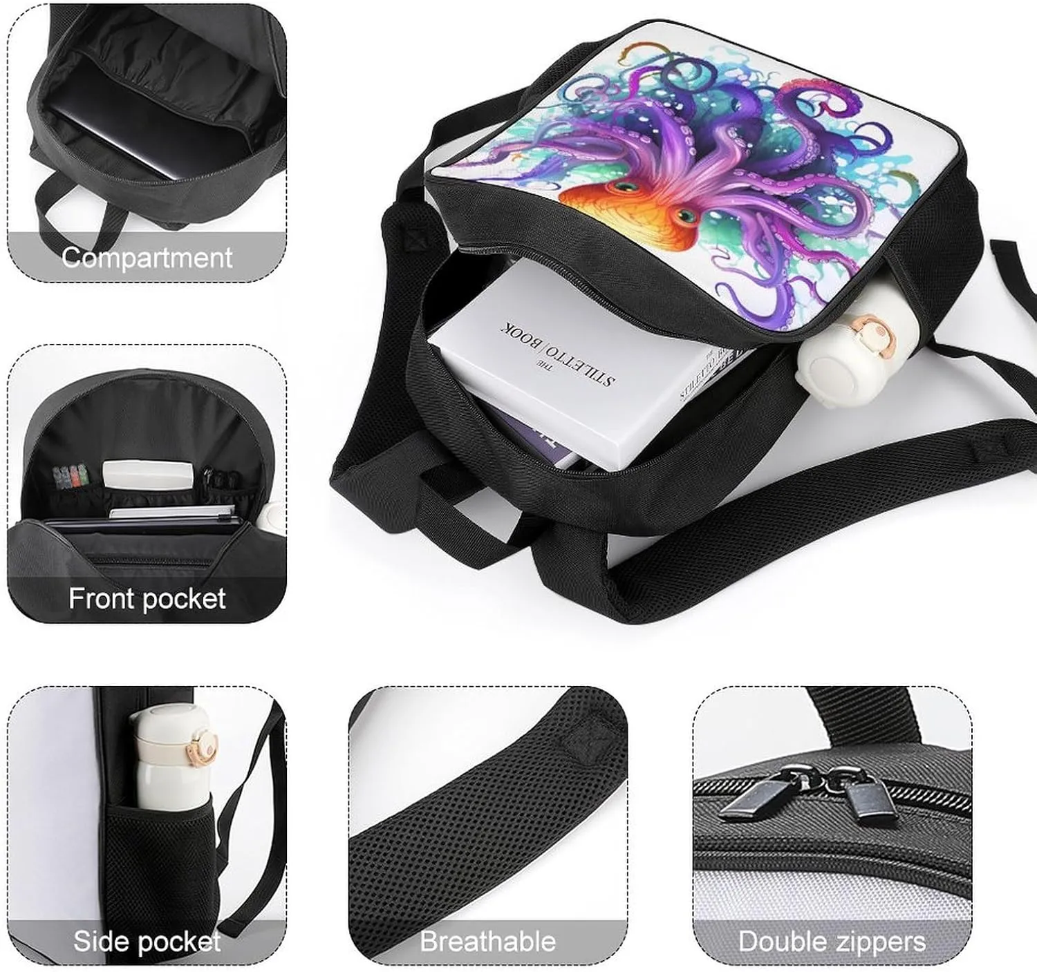 Lightweight Backpacks Cute Travel Bag Durable Colorful Octopus Printing Small Travel Backpack For Women & Men