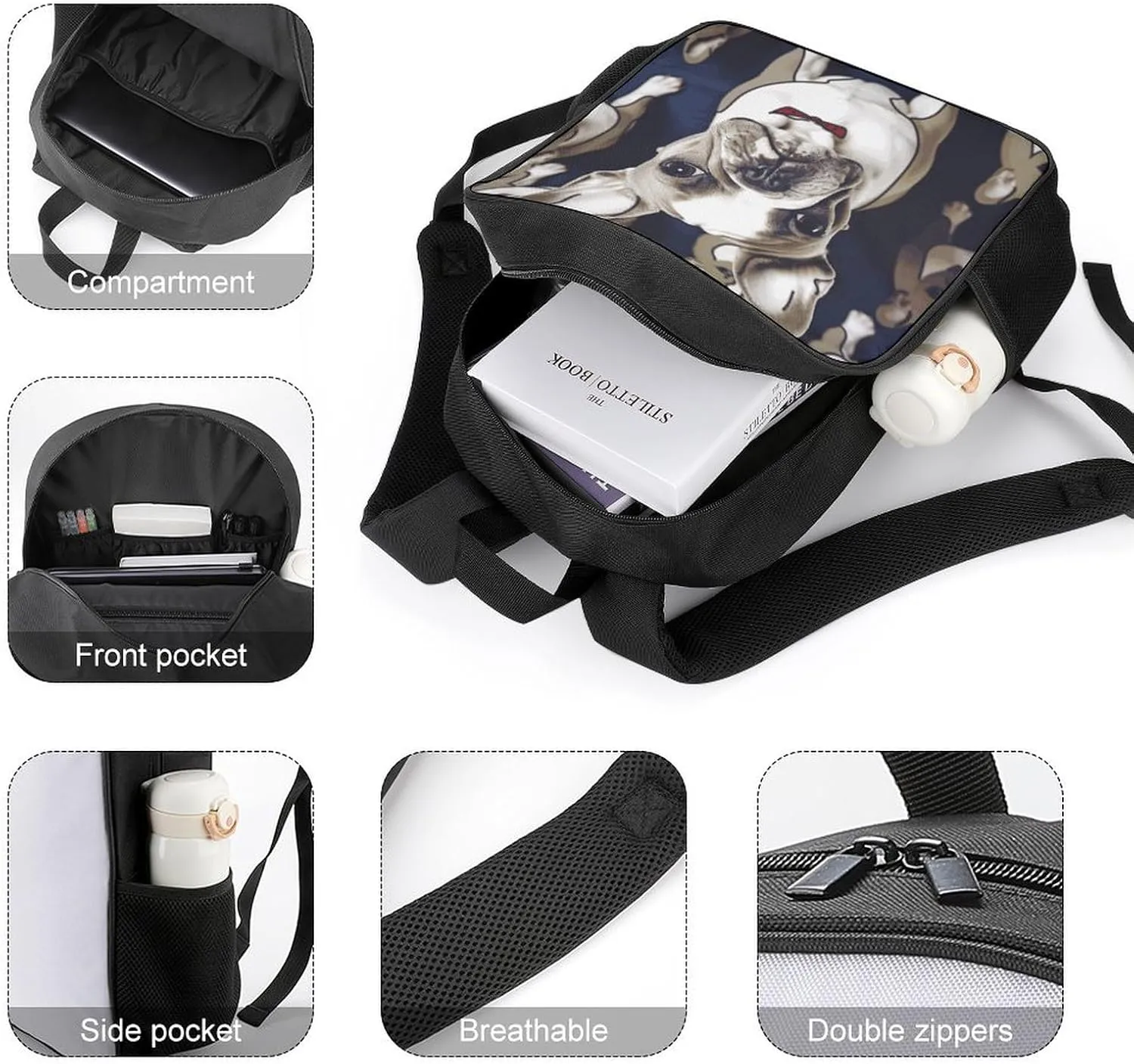 Lightweight Backpacks Cute Travel Bag Durable Cute French Bulldog Printing Small Travel Backpack For Women & Men