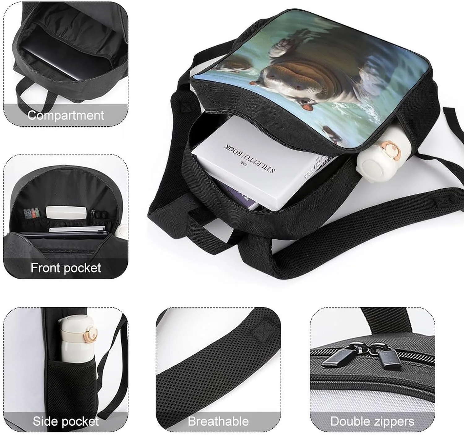 Lightweight Backpacks Cute Travel Bag Durable Cute Hippos Printing Small Travel Backpack For Women & Men