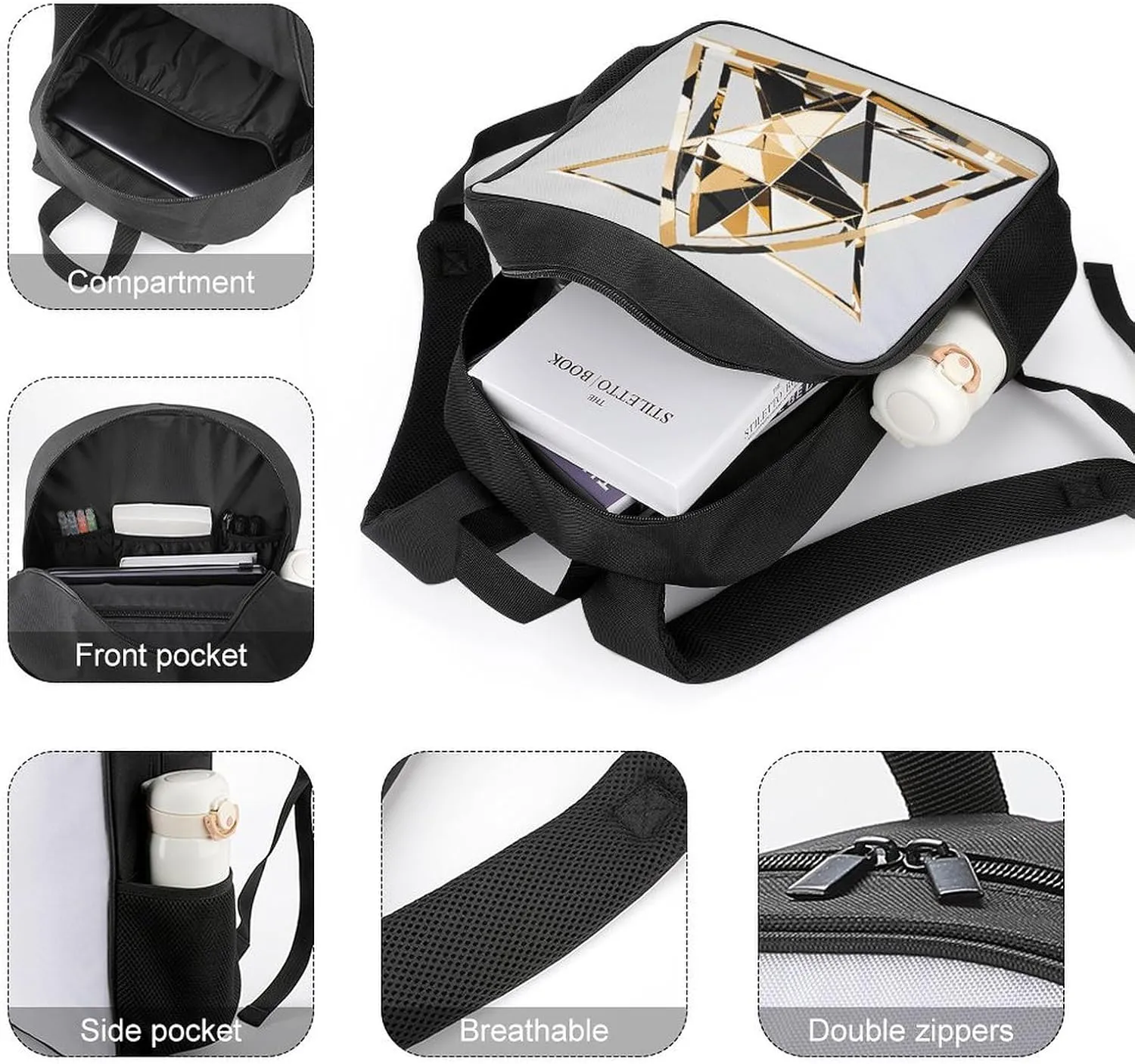 Lightweight Backpacks Cute Travel Bag Durable Fashion Modern Black White Gold Triangle Printing Small Travel Backpack For Women & Men
