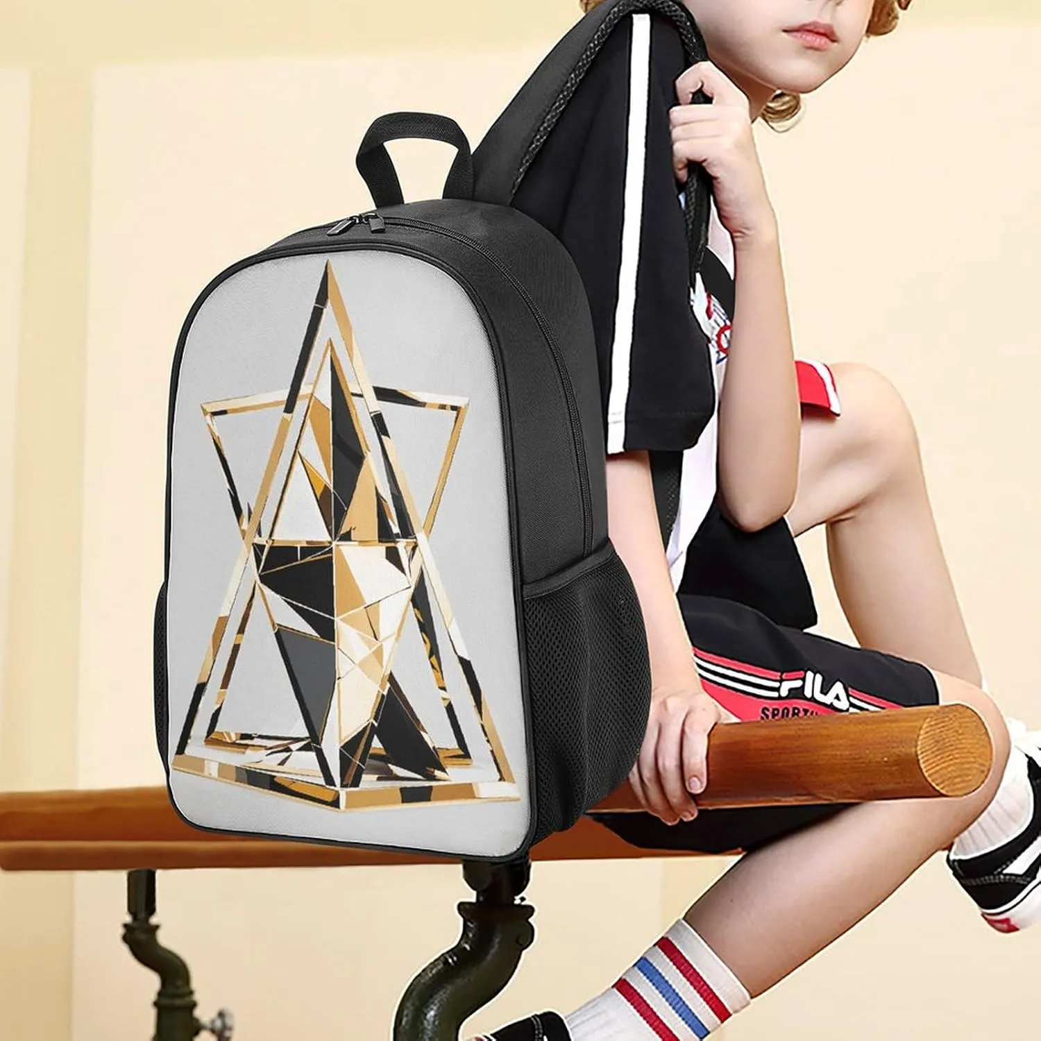 Lightweight Backpacks Cute Travel Bag Durable Fashion Modern Black White Gold Triangle Printing Small Travel Backpack For Women & Men
