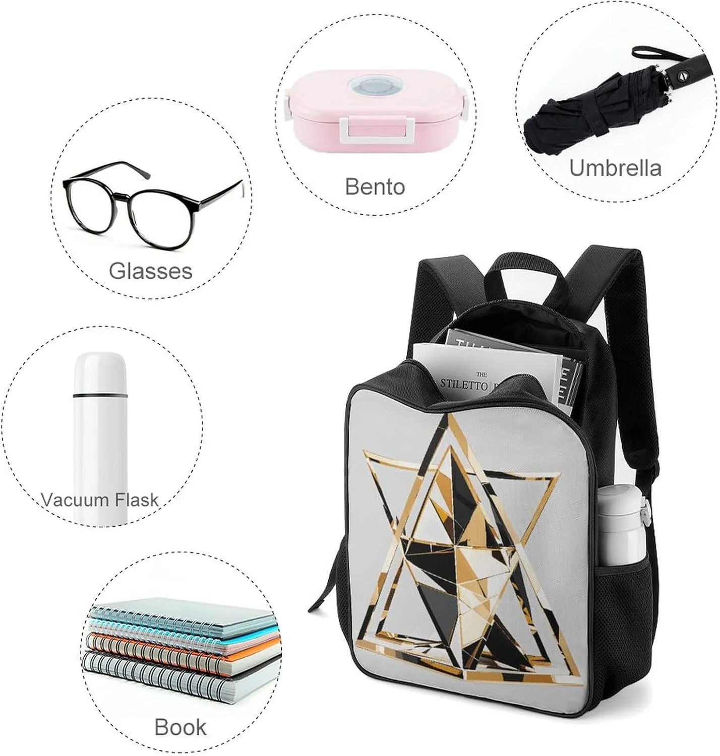 Lightweight Backpacks Cute Travel Bag Durable Fashion Modern Black White Gold Triangle Printing Small Travel Backpack For Women & Men