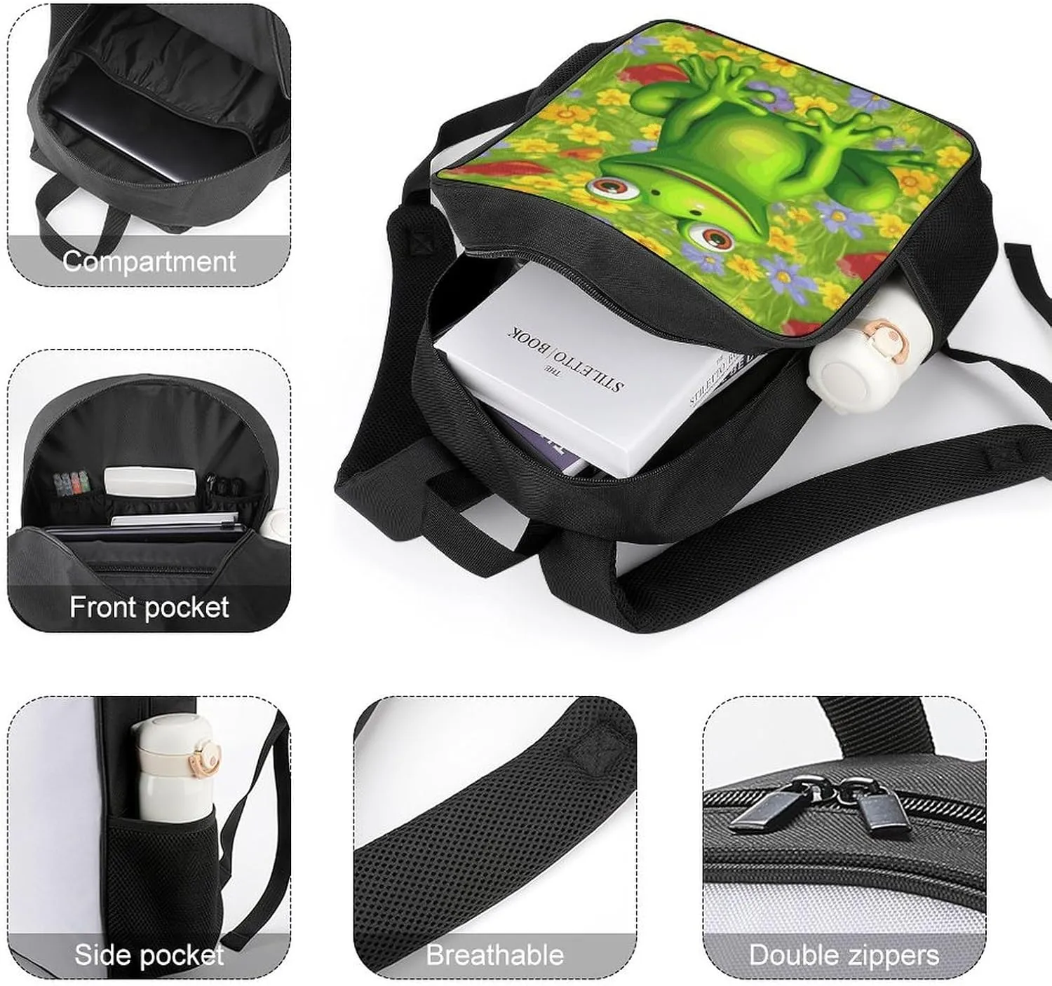 Lightweight Backpacks Cute Travel Bag Durable Frog Printing Small Travel Backpack For Women & Men