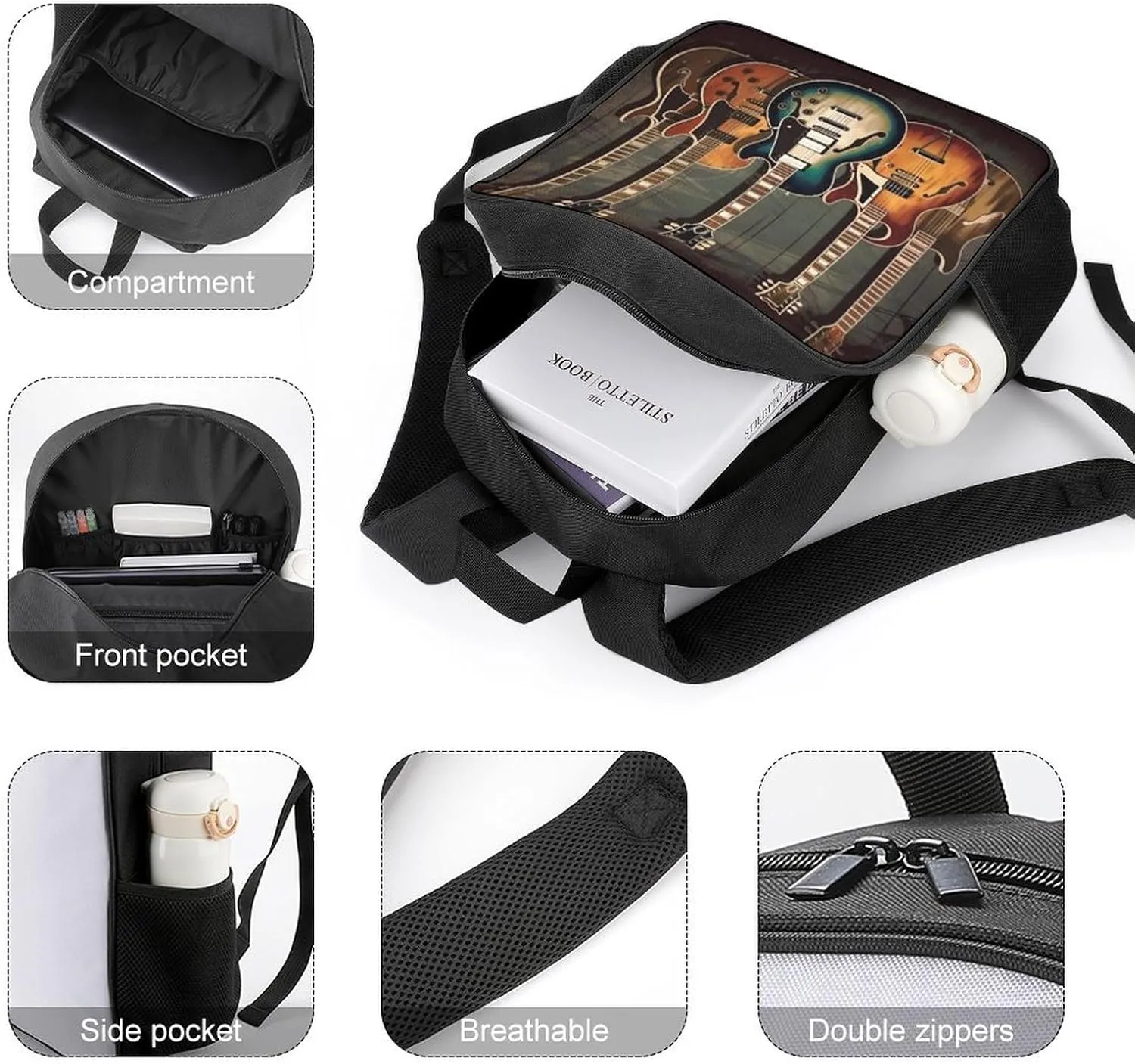 Lightweight Backpacks Cute Travel Bag Durable Guitars Art Printing Small Travel Backpack For Women & Men